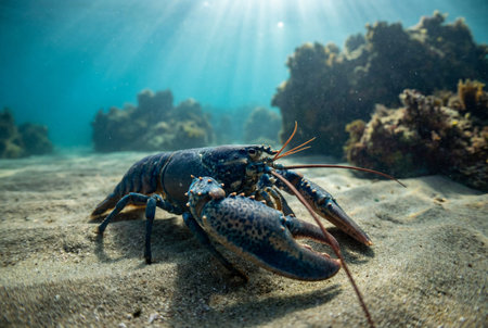 A vibrant blue lobster with intricate patterns moves slowly across a sandy seafloor underwater, illuminated by bright sun rays from the surface.の素材
