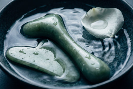 Smooth jade facial roller and gua sha stone with water droplets and a white rose petal float in a dark bowl, symbolizing beauty, relaxation, and spa wellness.の素材