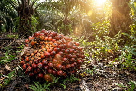 Large freshly harvested oil palm fruit bunch lies on the forest floor surrounded by green vegetation and trees with sunlight filtering through the canopy highlighting the reddish orange fruitsの素材