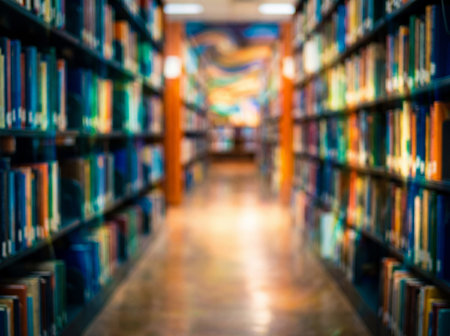 A defocused view of a long library aisle lined with tall dark shelves filled with colorful books featuring warm lighting and reflections on the polished floor suitable for educational concepts.の素材