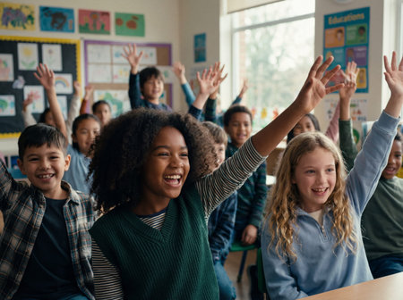Enthusiastic diverse elementary schoolchildren smile and raise their hands high to answer a question while sitting at desks in a colorful classroom filled with educational posters and artwork.の素材