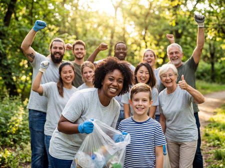 A large diverse group of happy volunteers stands together in a sunny forest holding trash bags and cheering while celebrating their successful environmental cleanup effort.の素材