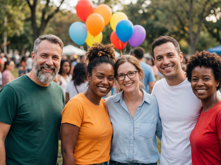 A cheerful group of five multi ethnic friends stands closely together outdoors in a park smiling at the camera while colorful balloons float in the blurred background during a sunny daytime event.の素材