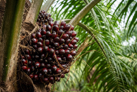A large cluster of ripe deep red oil palm fruits grows directly on the textured trunk of a tree surrounded by green leaves in a tropical plantation for vegetable oil production.の素材