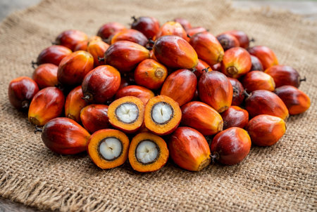 A heap of freshly harvested oil palm fruits rests on a textured burlap cloth featuring several cut fruits that display the inner orange flesh and white kernel used for oil production.の素材