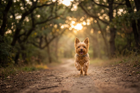 A cheerful yorkshire terrier runs energetically along a dirt path in a dense forest while warm golden sunlight filters through the trees and creates a soft bokeh background.の素材