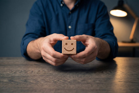 Male hands presenting a small wooden cube featuring a happy smile symbol on a desk to symbolize excellent customer service and positive emotional well being.の素材