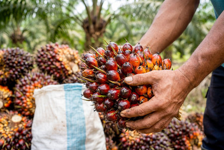 Closeup view of strong male hands holding a heavy bunch of fresh red oil palm fruit in a tropical plantation with blurred trees and harvested piles in the background during the day.の素材