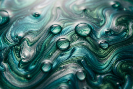 Abstract liquid swirls in teal emerald and silver tones form glossy organic patterns with water droplets on surface creating iridescent fluid motion textureの素材