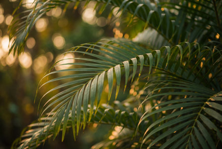 Close up view of vibrant green palm leaves glowing in warm golden sunlight with a blurred bokeh background creating a peaceful tropical summer atmosphere in a natural garden setting.の素材