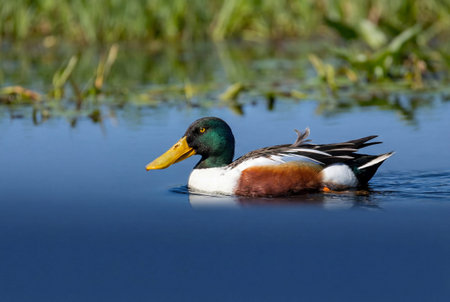 A vibrant male northern shoveler duck swims gracefully across the calm blue surface of a lake or pond with blurred green reeds in the background during a sunny day in nature.の素材