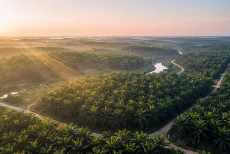 Vast tropical palm oil plantation seen from above at sunrise with golden light rays piercing through morning mist to illuminate lush green trees and winding dirt roads alongside a meandering river.の素材