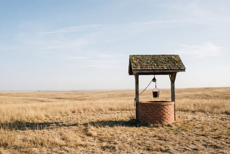 An old rustic brick water well with a mossy wooden roof and hanging metal bucket stands alone in a vast field of dry yellow grass under a clear blue sky on a sunny day in the countrysideの素材