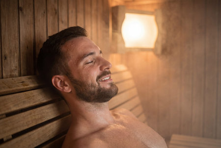 A handsome young man with a beard sits comfortably on a wooden bench inside a hot sauna with eyes closed and sweat on his body while enjoying a peaceful moment of relaxation and health therapy.の素材