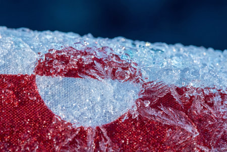 Coarse red and white woven material of the greenland flag features a layer of jagged ice crystals and delicate white frost patterns during freezing weather.の素材