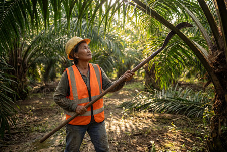 A senior asian female farmer wearing a yellow hard hat and orange safety vest holds a long sickle pole while looking up at palm fronds in a lush green palm oil plantation during the day.の素材