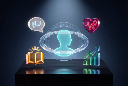 Futuristic glowing human profile icon encircled by holographic elements including communication speech bubble heart health book education and growth chart on dark reflective baseの素材