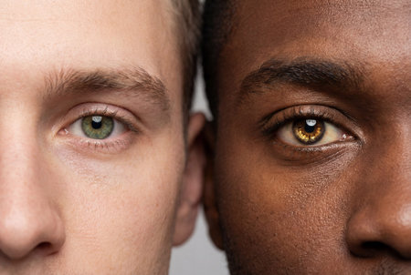 The green eye of a caucasian male and the brown eye of an african american male align side by side in extreme detail to represent diversity, racial equality and brotherhood across different cultures.の素材