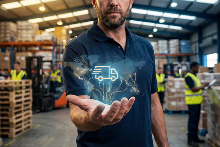 Logistics coordinator in work polo extends hand with holographic delivery truck and global map floating above palm in warehouse surrounded by shelves and workers for supply chain visualizationの素材