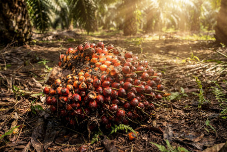 A large cluster of ripe red oil palm fruits lies on the dry soil of a plantation floor surrounded by fallen leaves under bright warm sunlight filtering through the tall trees in the background.の素材