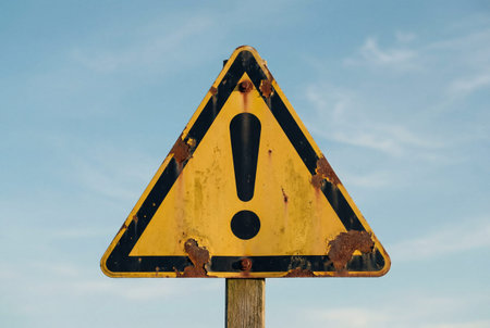 A heavily rusted yellow triangular warning sign with a black exclamation mark stands mounted on a wooden post against a clear blue sky demonstrating signs of severe age and weathering.の素材