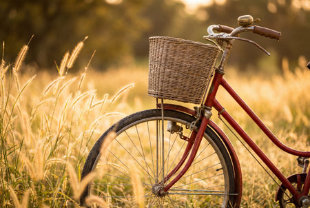 A close view of a classic red bicycle featuring a wicker basket and chrome handlebars parked amongst tall golden grass in a meadow during a warm sunny evening in the countrysideの素材