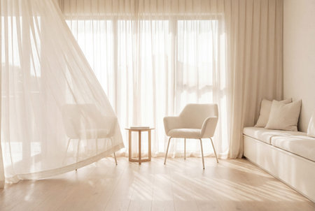 Sheer cream curtains flow gently in bright minimalist room with backlit natural light, beside cream armchair and bench on wooden floor, creating serene and airy interior atmosphereの素材