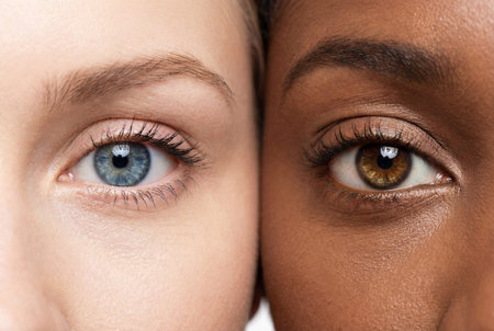 Closeup of symmetrical female eyes side by side one blue one brown showcasing diversity in iris color shape and eyelash detail for beauty and portrait comparisonの素材