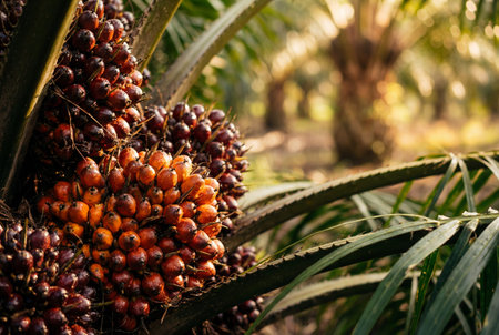 Close up of ripe oil palm fruit bunches growing on a tree trunk in a tropical agricultural plantation with warm sunlight and blurred green leaves in the background.の素材