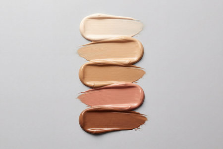A close up top view of five creamy strokes of liquid foundation or concealer arranged vertically in a gradient of different skin tones from fair to deep on a clean light grey background.の素材