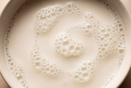 A high angle macro shot capturing the abstract texture of fresh white milk or cosmetic cream featuring a pattern of delicate froth bubbles floating on the smooth liquid surface in a circular container.の素材