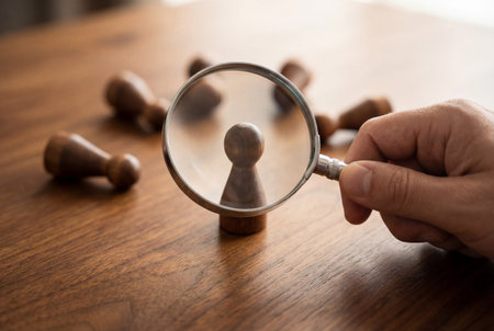 Hand holding magnifying glass over wooden figures of chess pieces arranged on a wooden table representing strategic examination and business planning conceptsの素材