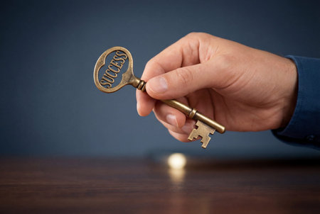 A businessman hand holds a vintage brass key featuring the word success carved into the metal head against a dark blue background to symbolize unlocking new career opportunities.の素材
