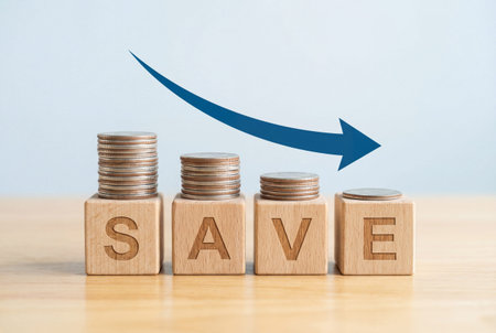 Decreasing stacks of silver coins sit on wooden alphabet blocks spelling SAVE while a blue arrow curves downward to symbolize cost reduction and effective budget management strategies.の素材