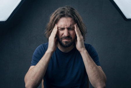A stressed bearded man with long hair wears a blue shirt and holds his hands against his temples while suffering from a severe migraine and feeling overwhelmed by intense pain and mental pressure.の素材