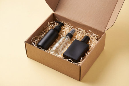 Open cardboard gift box filled with paper shred filler holding a black pump bottle, a transparent spray container and a dark perfume bottle on a solid beige surface.の素材