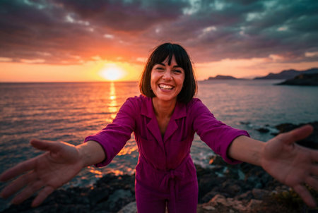 A cheerful young woman with a bob haircut wears a magenta jumpsuit and extends her arms in a welcoming hug gesture while standing on rocky shores during a vibrant sunset over the calm sea.の素材
