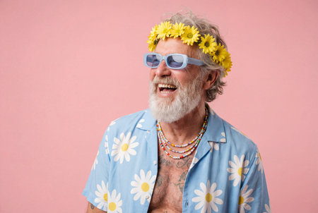 Happy senior man with tattoos and grey beard laughs loudly while wearing a flower wreath and blue sunglasses against a vibrant solid pink studio background.の素材