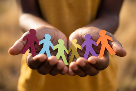 African american hands hold a row of colorful paper people cutouts symbolizing global diversity inclusion teamwork unity and social support within the community.の素材