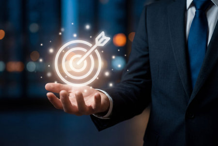 A corporate executive holds a glowing virtual target icon in his open palm to symbolize business strategy, marketing goals, commercial focus, successful planning, and professional achievement.の素材