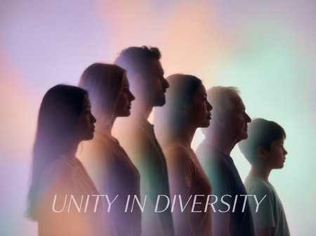 Multiethnic group of men women and children stand in a row showing side profiles under colorful spectral lighting with the text unity in diversity displayed at the bottom of the composition.の素材