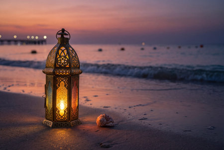 Traditional Arabic lantern glowing with warm light on sandy beach at sunset, featuring geometric patterns near ocean waves and seashellsの素材