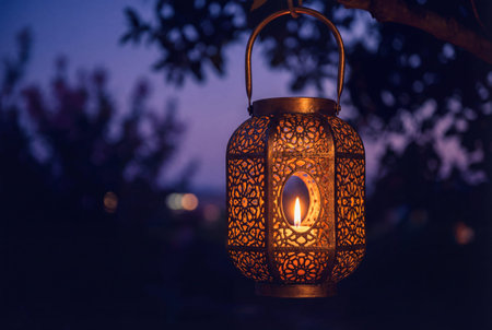 Ornate arabic lantern with intricate design hangs from tree branch emitting warm light in twilight outdoor scene suggesting ramadan evening traditionの素材