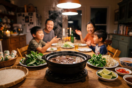 A happy asian family with two children sits around a wooden table enjoying a steaming vietnamese hot pot dinner with fresh herbs and spring rolls under warm evening light.の素材