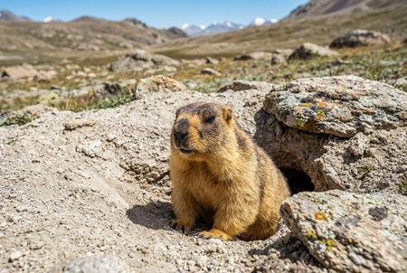 Himalayan marmot sits alert at den entrance amid rocky high altitude landscape with distant snow capped mountains and sparse vegetation in natural habitatの素材
