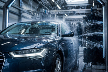 Front quarter of a dark blue luxury sedan receives automated wash with water jets and brushes in a contemporary car cleaning facility illuminated by overhead lightsの素材
