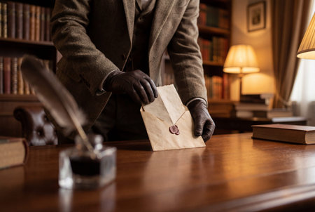 A medium shot of a person gloved hands opening an old envelope with a wax seal on a desk with a quill and inkwellの素材