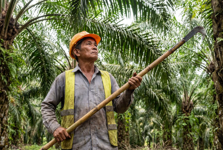 A mature asian agricultural worker wearing an orange hard hat and yellow safety vest holds a long harvesting pole while inspecting fruit bunches high up in a dense tropical palm oil plantation.の素材