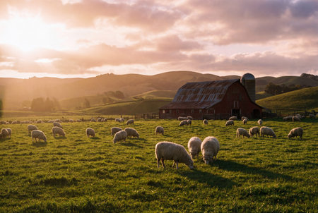 A large flock of sheep grazes peacefully in a green pasture during golden hour, with a red barn and silo under a dramatic sunset skyの素材