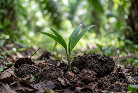 A vibrant young oil palm seedling sprouts from dark fertile soil surrounded by decaying leaves with a soft defocused green forest background in nature.の素材